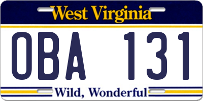 WV license plate OBA131