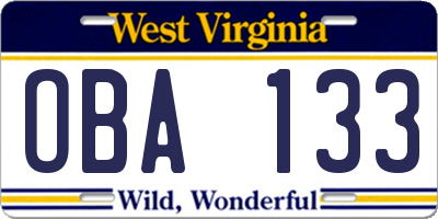 WV license plate OBA133