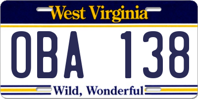WV license plate OBA138