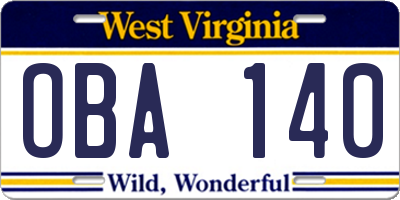 WV license plate OBA140
