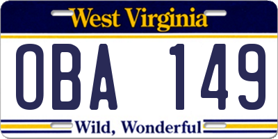 WV license plate OBA149