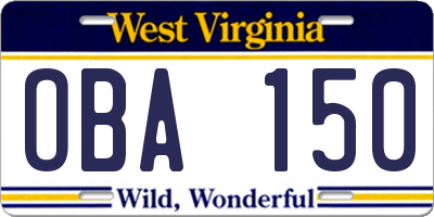 WV license plate OBA150