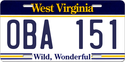 WV license plate OBA151