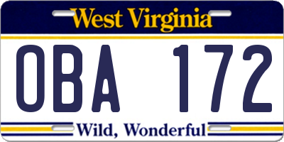 WV license plate OBA172
