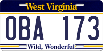 WV license plate OBA173