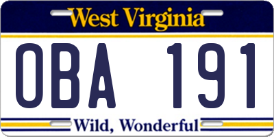 WV license plate OBA191