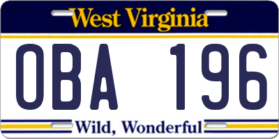 WV license plate OBA196