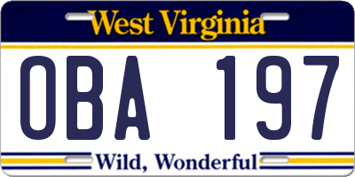WV license plate OBA197