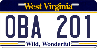 WV license plate OBA201