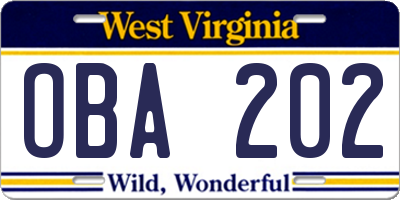 WV license plate OBA202
