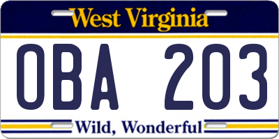 WV license plate OBA203