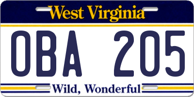 WV license plate OBA205