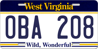 WV license plate OBA208