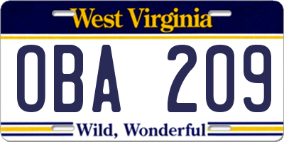WV license plate OBA209