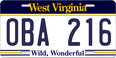 WV license plate OBA216