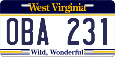 WV license plate OBA231