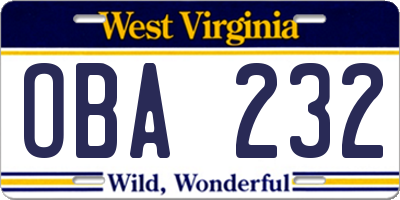WV license plate OBA232