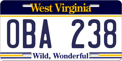 WV license plate OBA238