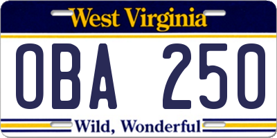 WV license plate OBA250