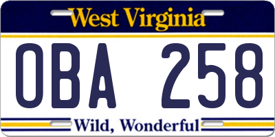 WV license plate OBA258
