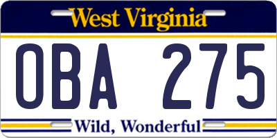 WV license plate OBA275