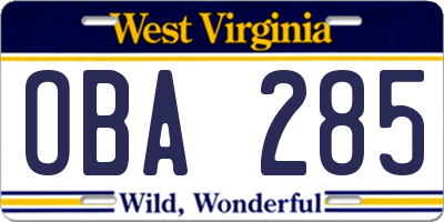 WV license plate OBA285