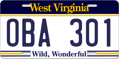 WV license plate OBA301