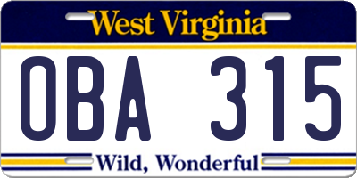 WV license plate OBA315