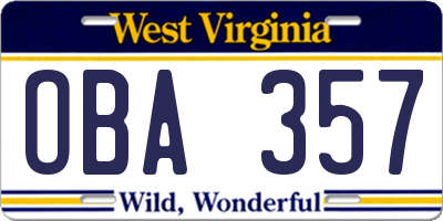 WV license plate OBA357