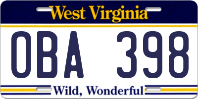 WV license plate OBA398