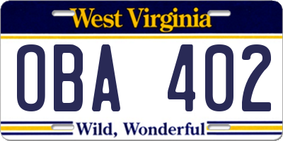 WV license plate OBA402