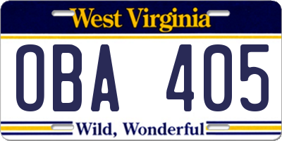 WV license plate OBA405