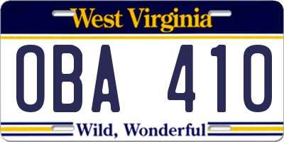WV license plate OBA410