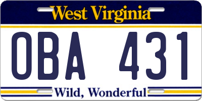 WV license plate OBA431