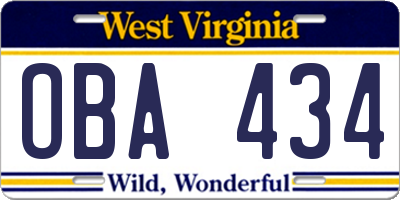 WV license plate OBA434
