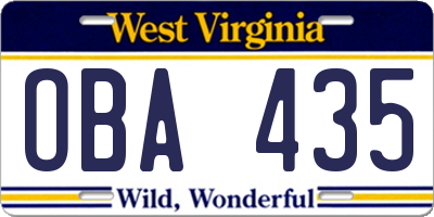WV license plate OBA435