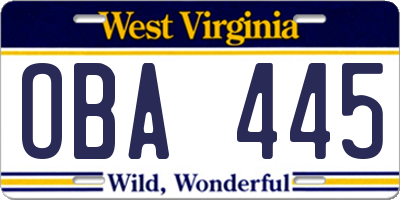 WV license plate OBA445