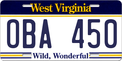 WV license plate OBA450