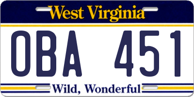 WV license plate OBA451