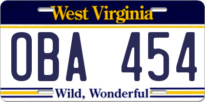 WV license plate OBA454