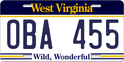 WV license plate OBA455