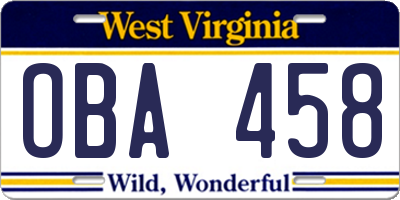 WV license plate OBA458