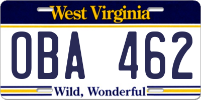 WV license plate OBA462