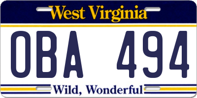 WV license plate OBA494
