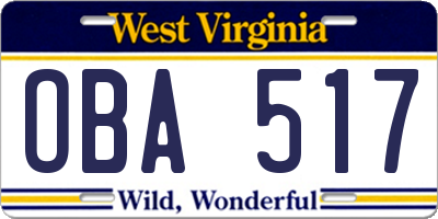 WV license plate OBA517