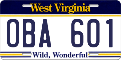 WV license plate OBA601
