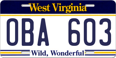 WV license plate OBA603
