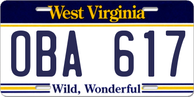WV license plate OBA617