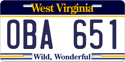 WV license plate OBA651