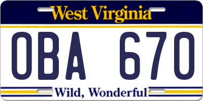 WV license plate OBA670